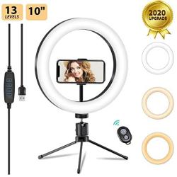 LED Ring Light,13 Brightness Levels Selfie Ring Light with Tripod Stand, 10 Inch Desktop Makeup Ring Light for Smartphone Photography, Live Streaming, Video Recording, Ultra-Bright 120 Bulbs