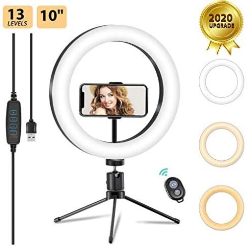 LED Ring Light,13 Brightness Levels Selfie Ring Light with Tripod Stand, 10 Inch Desktop Makeup Ring Light for Smartphone Photography, Live Streaming, Video Recording, Ultra-Bright 120 Bulbs