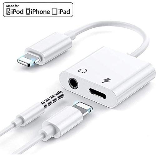 [Apple MFi Certified] Lightning to Headphone Jack Adapter, 2 in 1 iPhone Dongle Charger and 3.5mm Earphone Audio Aux Splitter Connector, Compatible with iPhone 11/11 Pro/XS/XR/X/8/7/6, iPad