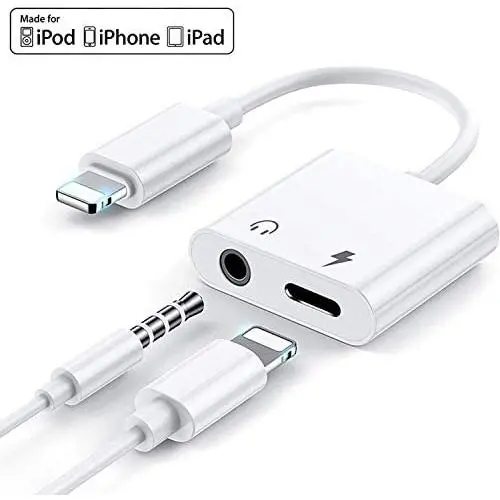 [Apple MFi Certified] Lightning to Headphone Jack Adapter, 2 in 1 iPhone Dongle Charger and 3.5mm Earphone Audio Aux Splitter Connector, Compatible with iPhone 11/11 Pro/XS/XR/X/8/7/6, iPad