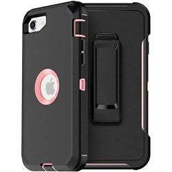 MXX iPhone SE 2020 Heavy Duty Protective Case with Screen Protector [3 Layers] Rugged Rubber Shockproof Protection Cover & Rotating 360 Degree Belt Clip for Apple iPhone SE 2020 (Black/Light Pink)