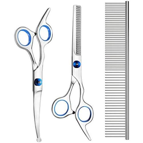 Petsvv 3 Pack Dog Grooming Scissors with Safety Round Tip, Perfect Stainless Steel Up-Curved Grooming Scissors Thinning Cutting Shears with Pet Grooming Comb for Dogs and Cats