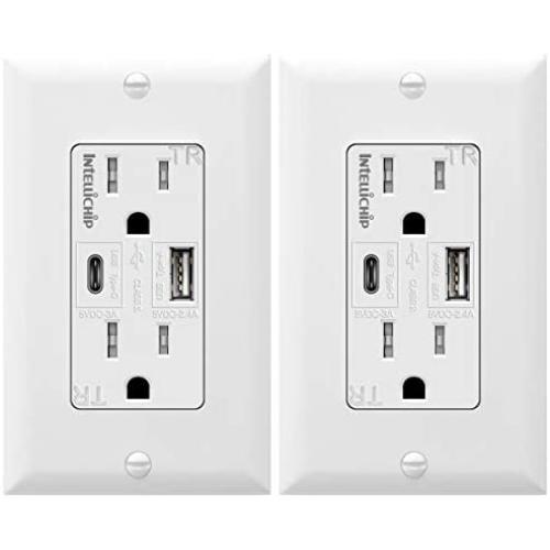 TOPGREENER 5.8A Ultra High Speed USB Type-C/A Combo Outlet, 15A Tamper-Resistant Receptacle, Compatible with iPhone 11 Pro/11/XS/MAX/XR/X, Samsung Note S9/S8/S7 & More, TU21558AC-2PCS, White 2 Pack