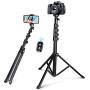 62” Selfie Stick Tripod, Integrated, Torjim Portable Phone Tripod with Phone Holder, Bluetooth Remote for iOS & Android, Tripod Stand Perfect for Camera & GoPro with 360°Tripod Head and GoPro Adapter