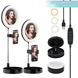 Selfie Ring Light with Stand and Phone Holder, 6.5" Dimmable LED Makeup Ring Light with Mirror, 3 Color Modes and 10 Brightness for Live Stream/Video Recording/Photography (Black)