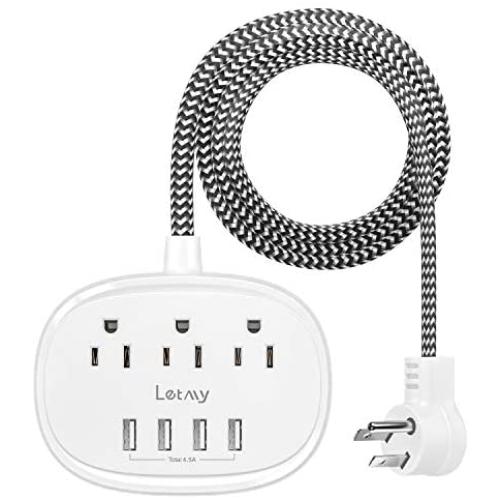 Power Strip with 3 Outlets 4 USB Ports, LETMY USB Power Strip, Flat Plug 5ft Long Braided Extension Cord, Desktop Charging Station for Smartphone Tablet Home Cruise Ship Travel,1875W/15A