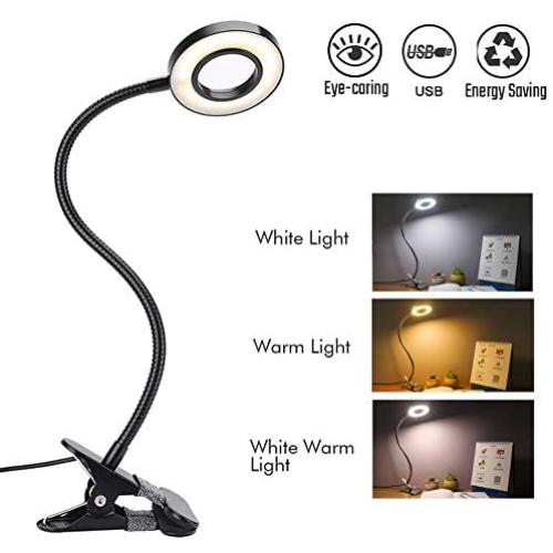 Clip on Reading Lights,Book Clamp Light with 3 Color Modes,10 Brightness Dimmer Eye Protection Kids Desk Lamp, 360 ° Flexible Gooseneck Selfie Ring Light,LED Makeup Mirror Lights for Vanity