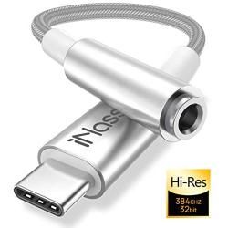 USB C to 3.5mm Headphone Jack Adapter, iNassen Type C to Aux Audio Dongle Cable Cord 384khz-32bit Hi-Res DAC for Pixel 4 3 2 XL, Samsung Galaxy S20 Ultra Z Flip S20+ Note 10 Note 10+, iPad Pro(Silver)