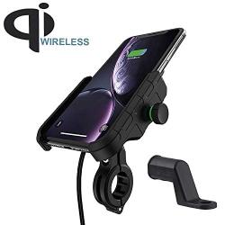 Motorcycle Phone Holder Wireless Charger Qi 15W Waterproof Handlebar Rear-View Mirror Cellphone Mount with Charger 360 Rotation Suitable for iPhone Samsung 4.0-7.0 Inch Smartphones