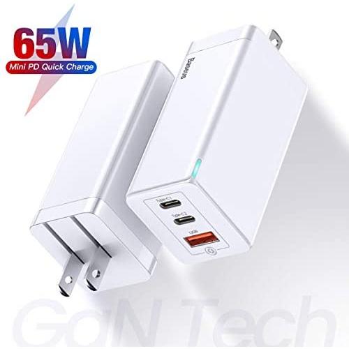 USB C Wall Charger, Baseus 65W Fast Portable 3 Port Charger [GaN Tech], USB-C QC PD 3.0 Power Adapter, Type C Charging Block for iPhone 11 Pro, iPad Pro, MacBook, Surface, USBC Laptop, Samsung, Pixel