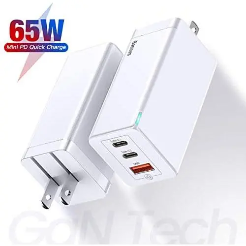 USB C Wall Charger, Baseus 65W Fast Portable 3 Port Charger [GaN Tech], USB-C QC PD 3.0 Power Adapter, Type C Charging Block for iPhone 11 Pro, iPad Pro, MacBook, Surface, USBC Laptop, Samsung, Pixel