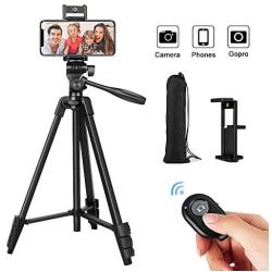 Cell Phone Tripod,54" Extendable Adjustable Phone Tripod, Lightweight Tripod 360° Rotation with Bluetooth Remote Control Mount,Portable Bag,1/4" Mounting Screw for iPhone Smartphone Camera Projector