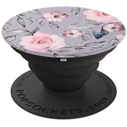 Pink Flowers Purple Floral and Gray Leaves Pattern PopSockets Grip and Stand for Phones and Tablets