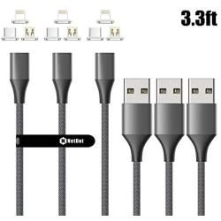 NetDot Gen10 3 in 1 Nylon Braided Magnetic Fast Charging Cable with Side LED Compatible with Micro USB & USB-C Smartphones and i-Product(3.3ft/3 Pack Gray)