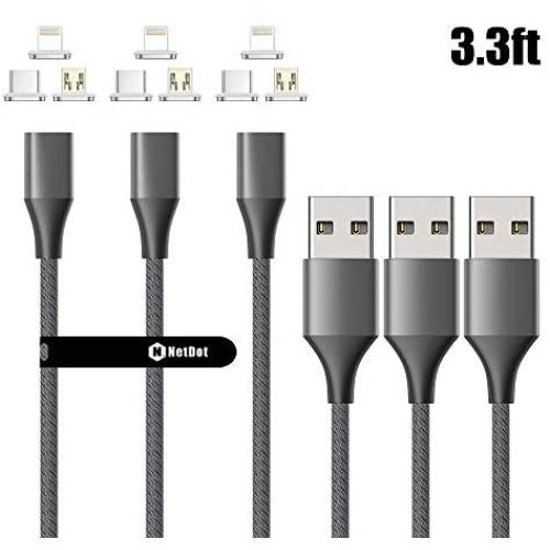 NetDot Gen10 3 in 1 Nylon Braided Magnetic Fast Charging Cable with Side LED Compatible with Micro USB & USB-C Smartphones and i-Product(3.3ft/3 Pack Gray)