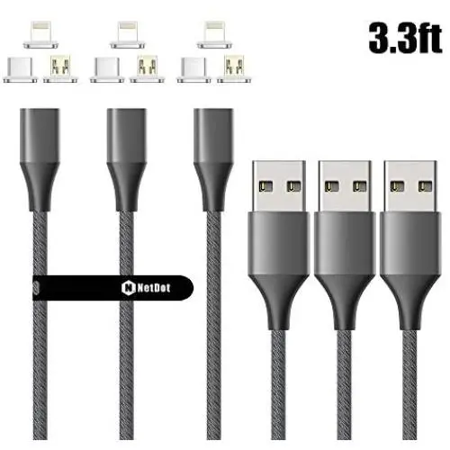 NetDot Gen10 3 in 1 Nylon Braided Magnetic Fast Charging Cable with Side LED Compatible with Micro USB & USB-C Smartphones and i-Product(3.3ft/3 Pack Gray)