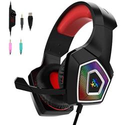 Stereo Gaming Headset for Xbox One, PS4, PC,Xbox One Headset, Headphone with Noise Cancelling Mic/Soft Earmuff/LED Mic for Nintendo Switch Playstation (Red)