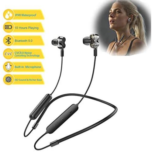 Bluetooth Headphones 5.0 Wireless Earbuds IPX6 Waterproof Quad Drivers HiFi with Stereo Bass, 10 Hours Play Time,Noise Cancelling Sweatproof Sport in-Ear Earphones for Running Workout Gym