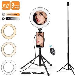 8.2" Ring Light with Tripod Stand & Cell Phone Holder for Live Streaming/Makeup, Dimmable Selfie Ring Light LED Camera Ringlight with Mirror and 56" Extendable Tripod, Compatible with iPhone Android 