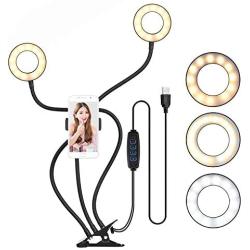 Andoer Clip-On LED Ring Light 3 Lighting Modes, USB Fill-in Lamp Dual Lights Dimmable Flexible Arms Design with Phone Holder for Live Video Chatting Selfie