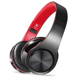 Wireless Headset with Mic, Foldable Bluetooth Headphone with 3.5mm Audio Jack, Built-in Noise Cancelling Microphone, Support for Plug-in Card, for PC, Phone(Black+red)