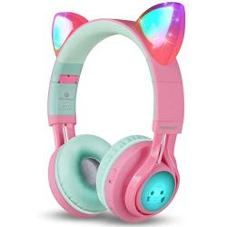 Riwbox Bluetooth Headphones, Riwbox CT-7 Cat Ear LED Light Up Wireless Foldable Headphones Over Ear with Microphone and Volume Control for iPhone/iPad/Smartphones/Laptop/PC/TV (Pink&Green)