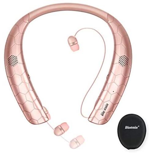 Bluetooth Headphones Speaker 2 in 1,Bluenin Neckband Wireless Headset with Mic Sweatproof Wearable Speaker Bluetooth 5.0 Headphones Retractable Earbuds with Carrying Case (Rose Gold)