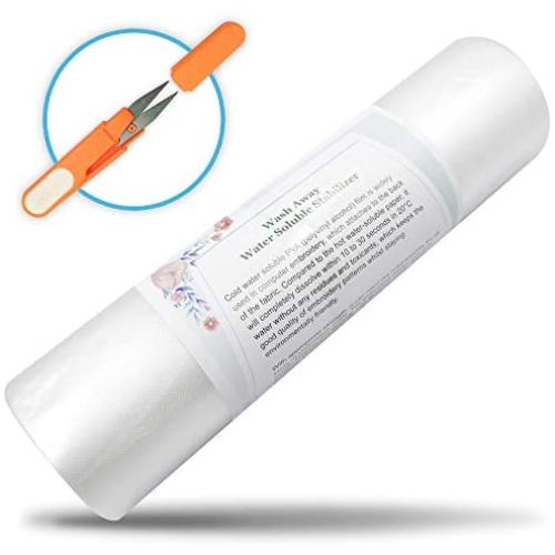 Wash Away Water Soluble Stabilizer for Embroidery (10&quotx12 Yards) with Free Scissors, Fits 5x7 Hoops, Wash-Away Stabilizer Topping for Embroidery Machine & Hand Sewing, Nylon Spun Wash Away Stabilizer