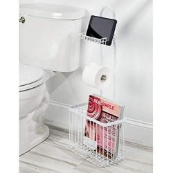 mDesign Free Standing Toilet Paper Holder Stand and Dispenser, with Storage for Tablet, Magazines, Books, Cell Phone While Dispensing 1 Roll - for Bathrooms/Powder Rooms - White