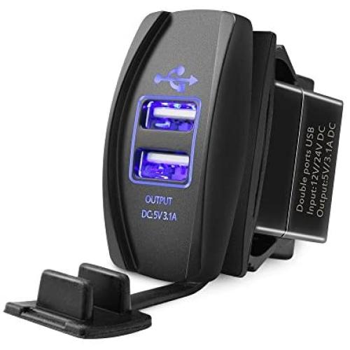 MICTUNING Universal Rocker Style Car USB Charger - with Blue LED Light Dual USB Power Socket for Rocker Switch Panel
