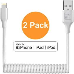 ONE PIX Coiled Lightning Cable for iPhone (2 Pack), MFi Certified Coil Car Charger Cable Compatible with iPhone 11/XS/XS Max/XR/X/8/8 Plus/7/7 Plus/6s/6s Plus/6/6 Plus/SE/5s/5c/5/iPad/iPod - White