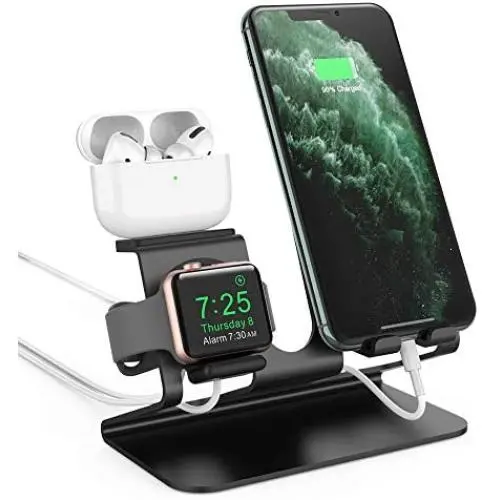 AhaStyle 3 in 1 Charging Stand Dock Aluminum Desktop Holder for Cell Phone, AirPods Pro/AirPods 2/ AirPods and Apple Watch Series 5/4/3/2/1(Black) AhaStyle 3 in 1 Charging Stand Dock Aluminum Desktop Holder for Cell Phone, AirPods Pro/AirPods 2/ AirPods and Apple Watch Series 5/4/3/2/1(Black)