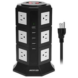 Surge Protector Power Strip Tower JACKYLED 12 AC Outlets 3000W 15A and 5 USB Slots 8A Desktop Smart Charging Station Multiple Protection with Heavy Duty 6.5ft 14 AWG Extension Cord for Home