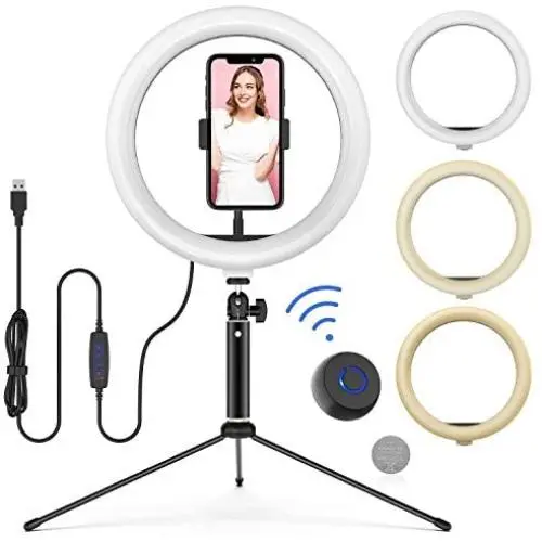 10” LED Ring Light with Tripod Stand Adjustable & Phone Holder, Bluetooth Remote Shutter for Makeup/Live Stream/YouTube Video/Photography, Compatible with iPhone/Android - WONEW ZJ02 10” LED Ring Light with Tripod Stand Adjustable & Phone Holder, Bluetooth Remote Shutter for Makeup/Live Stream/YouTube Video/Photography, Compatible with iPhone/Android - WONEW ZJ02