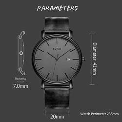 BUREI Mens Fashion Minimalist Wrist Watch Analog Date with Stainless Steel Mesh Band