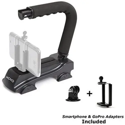 Movo Action Video Stabilizing Handle Grip for GoPro HERO, HERO2, HERO3, HERO4, HERO5 amd Apple iPhone 4, 4S, 5, 5S, 6, 6S, 7, 8, X (Reg / Plus), Samsung Galaxy S3, S4, S5, S6, S7 Smartphones