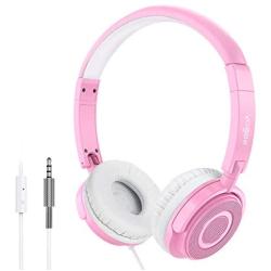 On Ear Headphones with Mic, Vogek Lightweight Portable Fold-Flat Stereo Bass Headphones with 1.5M Tangle Free Cord and Microphone-Pink