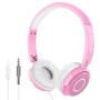 On Ear Headphones with Mic, Vogek Lightweight Portable Fold-Flat Stereo Bass Headphones with 1.5M Tangle Free Cord and Microphone-Pink
