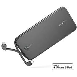 Luxtude PD Power Bank Portable Charger for iPhone, iPad and Android, Ultra Slim 10000mAh Portable Phone Charger Built in Lightning & USB C Cables, Apple Certified 18W Power Delivery Battery Pack.