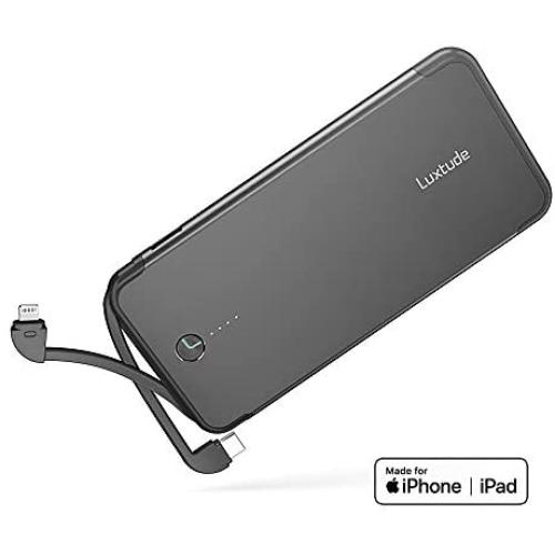 Luxtude PD Power Bank Portable Charger for iPhone, iPad and Android, Ultra Slim 10000mAh Portable Phone Charger Built in Lightning & USB C Cables, Apple Certified 18W Power Delivery Battery Pack.