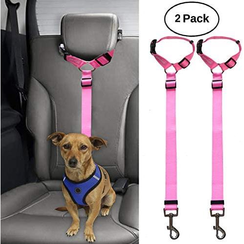 BWOGUE 2 Packs Dog Cat Safety Seat Belt Strap Car Headrest Restraint Adjustable Nylon Fabric Dog Restraints Vehicle Seatbelts Harness