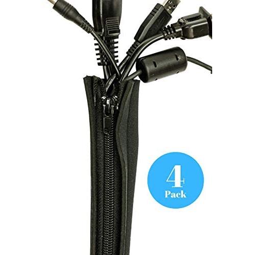 Cable Sleeve, Cable Cover, Wire and Cord Hider - Set of 4 - Computer, TV or Desk Management - Home & Office Organizer Concealer - 20’ - Premium Flexible Neoprene Wrap, Zipper, Conduit - Gift Idea