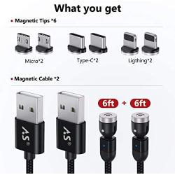 A.S 3 in 1 Magnetic Phone Charger Cable, 360° & 180° Rotation Magnetic Charging Cable, Compatible with Micro USB, Type C and iProduct 2 Pack (Black, 6ft+6ft)
