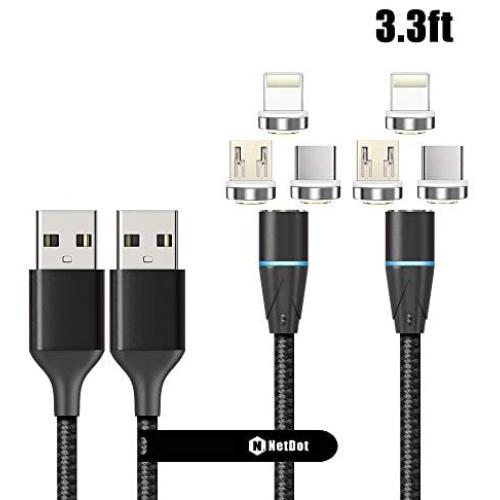NetDot Gen12 3 in 1 Magnetic Fast Charging Data Transfer Cable Compatible with Micro USB & USB-C Smartphones and i-Product(3.3ft/2 Pack Black)