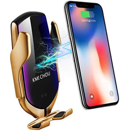 KMI CHOU R2 Wireless Car Charger,Automatic Clamping IR Intelligent Wireless Car Charger Mount - Car Charger Holder 10W Fast Charging for iPhone Xs Max/XR/X/8/8Plus Samsung S10/S9/S8/Note 8（Gold）
