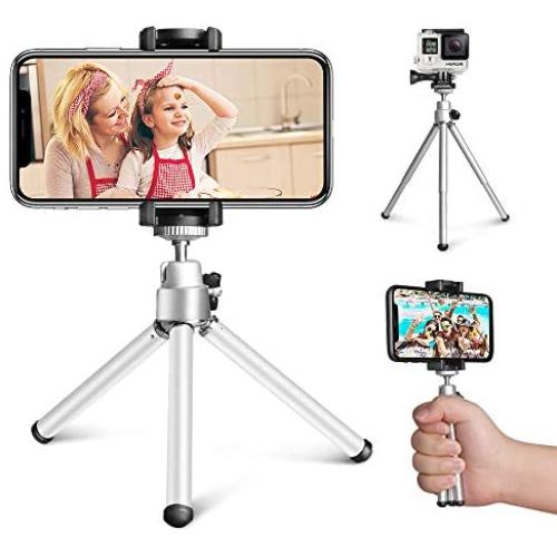 Mini Tripod, Aureday Portable Desktop Cell Phone Tripod Stand with Phone Holder Mount, 5.12-inch Extendable Handheld Tabletop Lightweight Tripod, Compatible with Cellphone/Webcam/Small Camera
