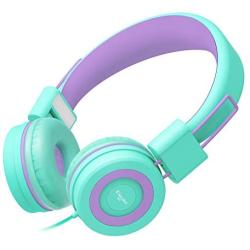 Elecder i37 Kids Headphones Children Girls Boys Teens Foldable Adjustable On Ear Headphones 3.5mm Jack Compatible iPad Cellphones Computer MP3/4 Kindle Airplane School Tablet Green/Purple