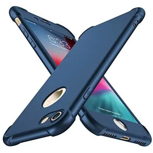 ORETECH iPhone 8 Case, iPhone 7 Case, with[2 x Tempered Glass Screen Protector] 360° Full Body Shockproof Protection Cover Ultra-Thin Hard PC + Soft Rubber Silicone for iPhone 7/8-4.7- Blue