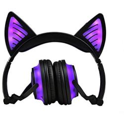 OUYAWEI Cute Cat Ear Rechargeable Gaming Headset with LED Lights Colorful Over Ear Foldable Headphones with Mic for Cell Phone Purple