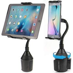 Sunjoyco Car Cup Holder Mount for Phone Tablet, 2-in-1 Car Cradles Adjustable Gooseneck Holder Compatible with Apple iPhone iPad Pro Air Mini, Samsung Galaxy Tab, All Smartphones & 7"-11" Tablets